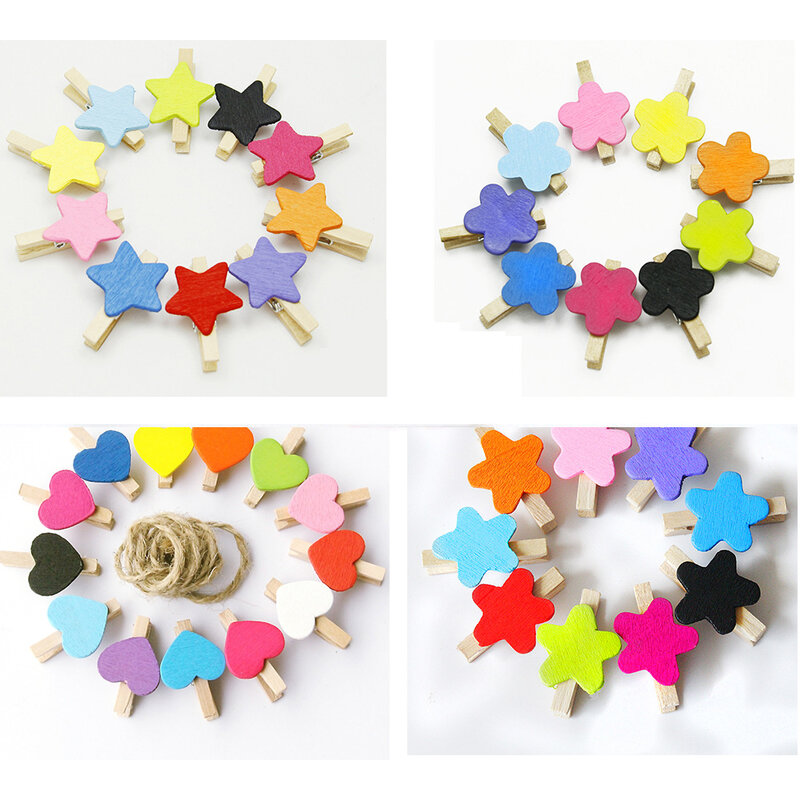 30x4mm 20pcs Wooden Colored Love Heart Photo Clips Memo Paper Peg Clothespin Stationery Christmas Wedding Party Craft Home Decor