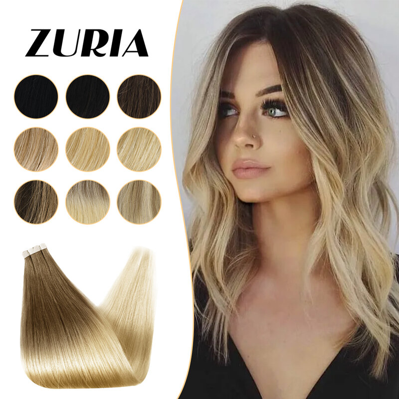 Прямые Пучки ZURIA, миниатюрные накладные человеческие волосы, невидимый уток кожи, клейкий, 12 дюймов, 100% натуральный короткий парик для женщин