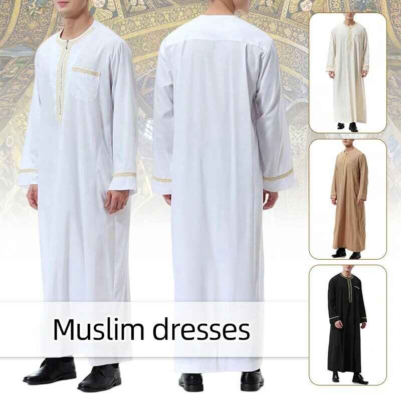 Men's Muslim Arab Robe Middle East Islamic Dubai Ethnic Dress Long Sleeve Kaftan Thoub Jubba Saudi Spring Autumn Wear S-3XL