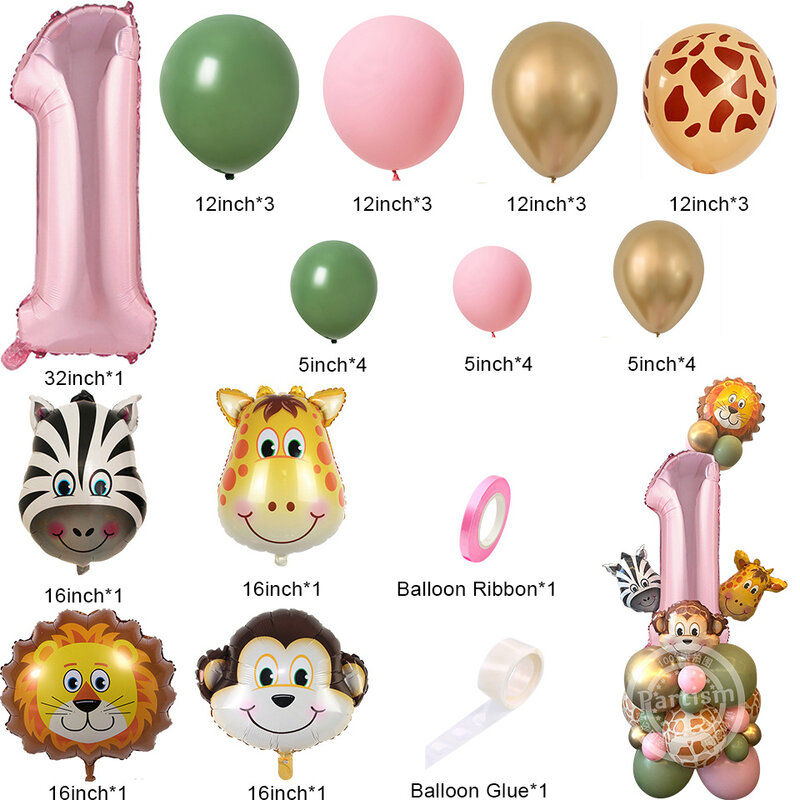 Torre de globos de animales salvajes de cartón con vajilla de animales rosas para niñas, decoraciones de fiesta de cumpleaños de jungla temática salvaje, 1 Juego
