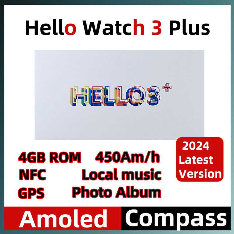 Smartwatch para Homens e Mulheres, Hello Watch 3 Plus, AMOLED, 4GB ROM, NFC, Bússola de 49mm, Chamada Bluetooth, Música Local, Android, iOS
