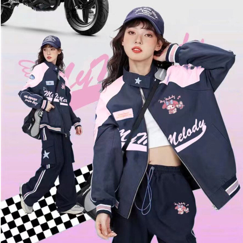 Sanrio Y2k Cinnamoroll Racer Jacket Kawaii Biker Jacket Pants Punching Cartoon Female Loose Warm Windproof Couple Clothes Gifts