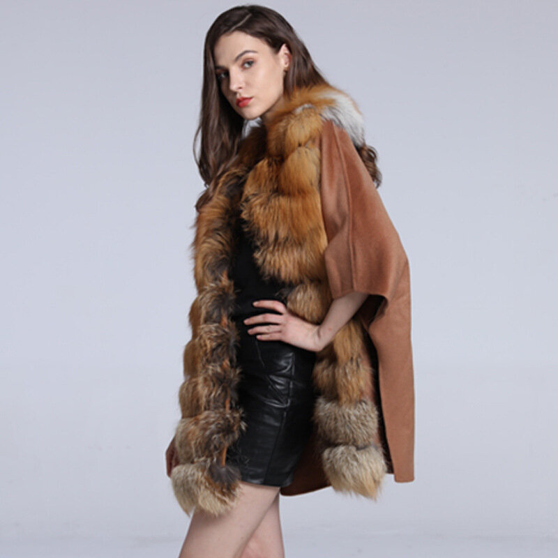 Женское длинное пальто-накидка из лисьего меха, осенне-зимнее теплое тканевое пальто