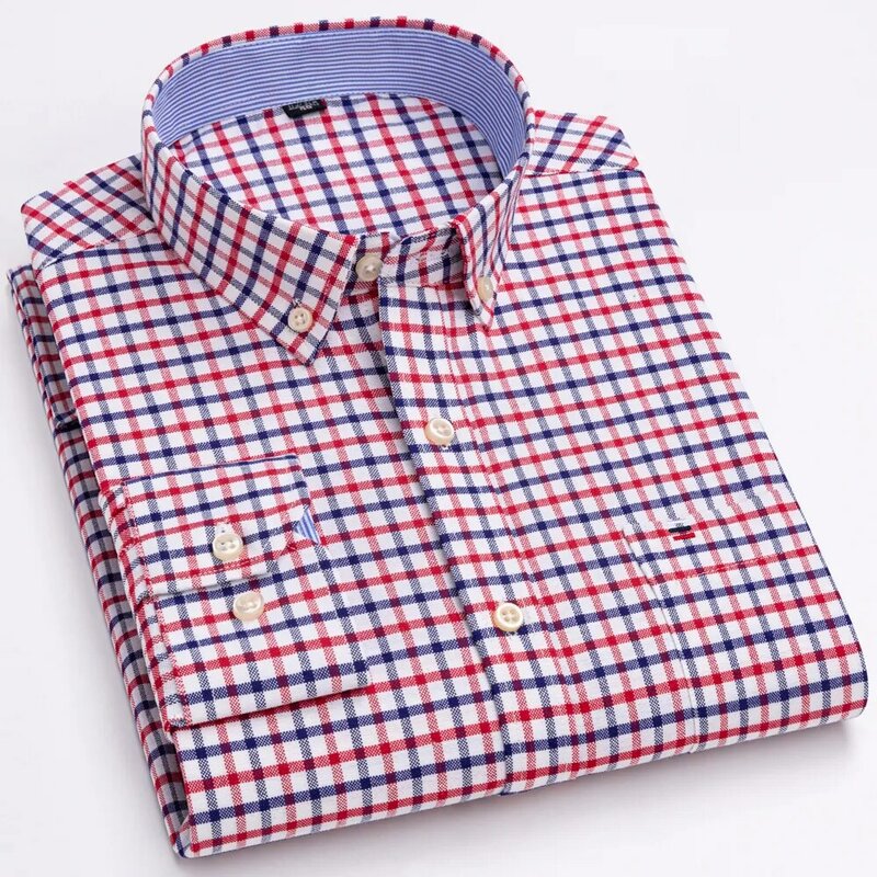 Masculino versátil casual xadrez oxford algodão camisas único bolso manga longa padrão-ajuste botão para baixo gingham listrado camisa