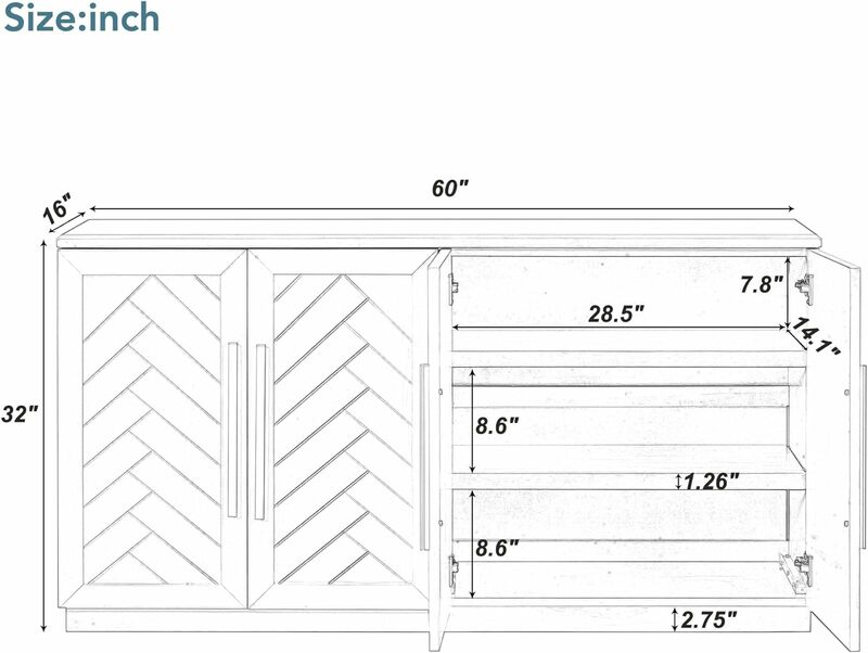 QIMLIFE papan samping dengan 4 pintu penyimpanan besar ruang kabinet prasmanan dengan rak yang dapat disesuaikan dan pegangan perak untuk dapur