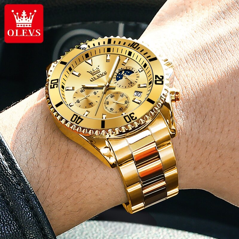 OLEVS Top Wristwatch Brand Stainless Steel Strap Men's Watches Gold Luxury waterproof Original Quartz Watch Moon Phase Luminous