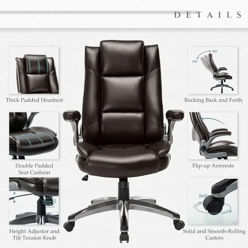 Silla de oficina ejecutiva de cuero con brazos abatibles acolchados, bloqueo de inclinación ajustable, sillas ergonómicas giratorias para trabajo de adultos