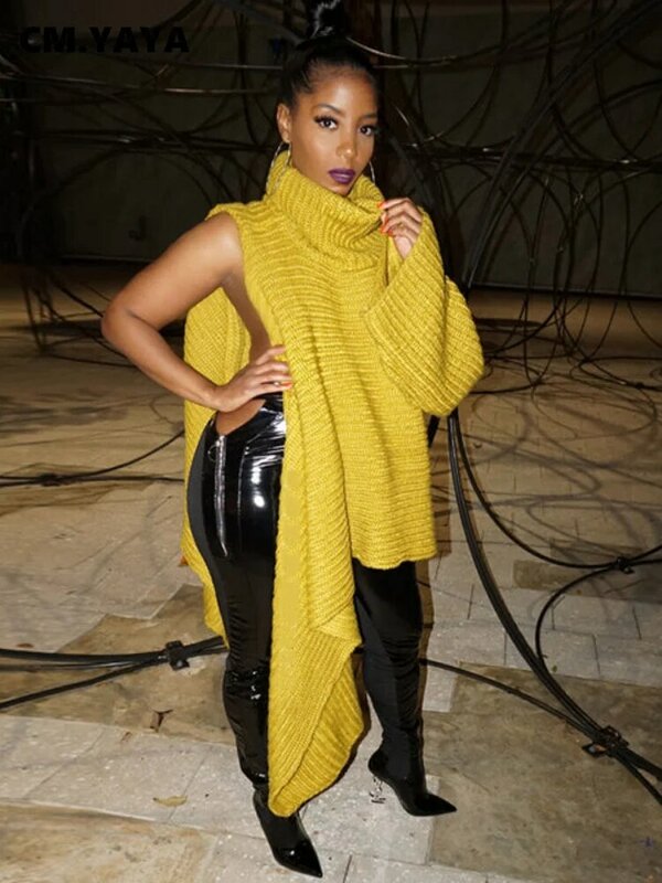 CM.YAYA eleganckie kobiety zima jesień Streetwear jeden długi rękaw asymetryczny żółty golf INS swetry swetry swetry