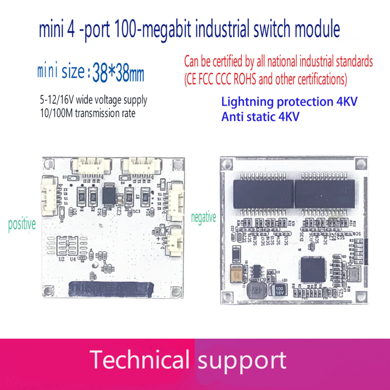 4 10/100M Industriële Ethernet Switch Board 802.3af/Aan Poort Voeding 100M Schakelaar Bliksem Bescherming 4kv Anti Statische 4kv
