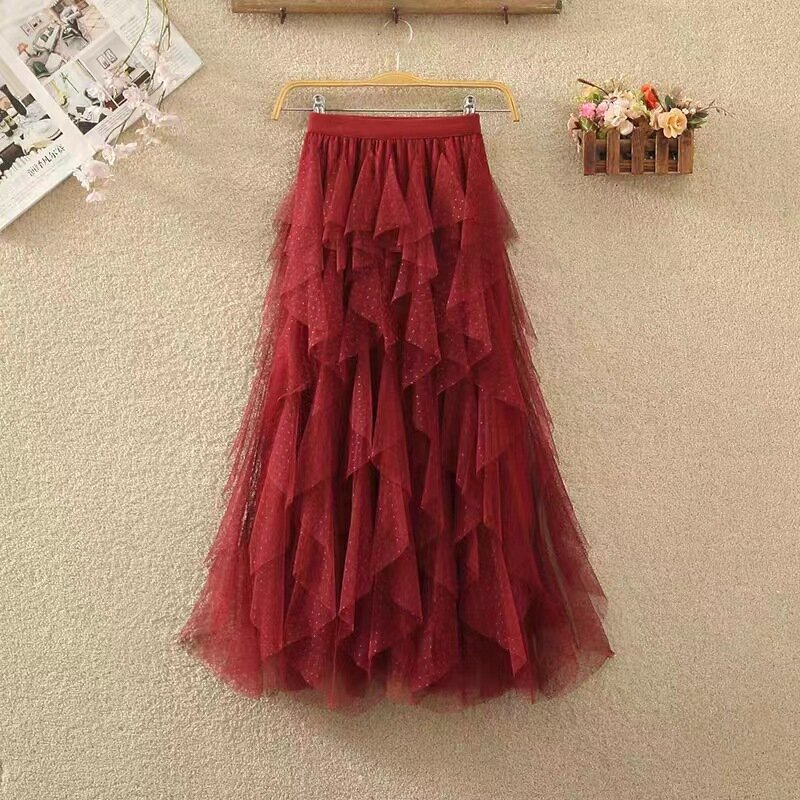 Женская длинная юбка-пачка из тюля, летняя модная плиссированная длинная юбка асимметричного кроя с многоярусной сеткой и высокой талией, повседневная женская юбка Q874, 2024