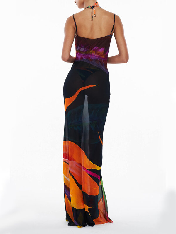 Women s Summer Slip Dress Fashion Print Front Tie-Up Sleeveless Spaghetti Strap Slim Long Dress
