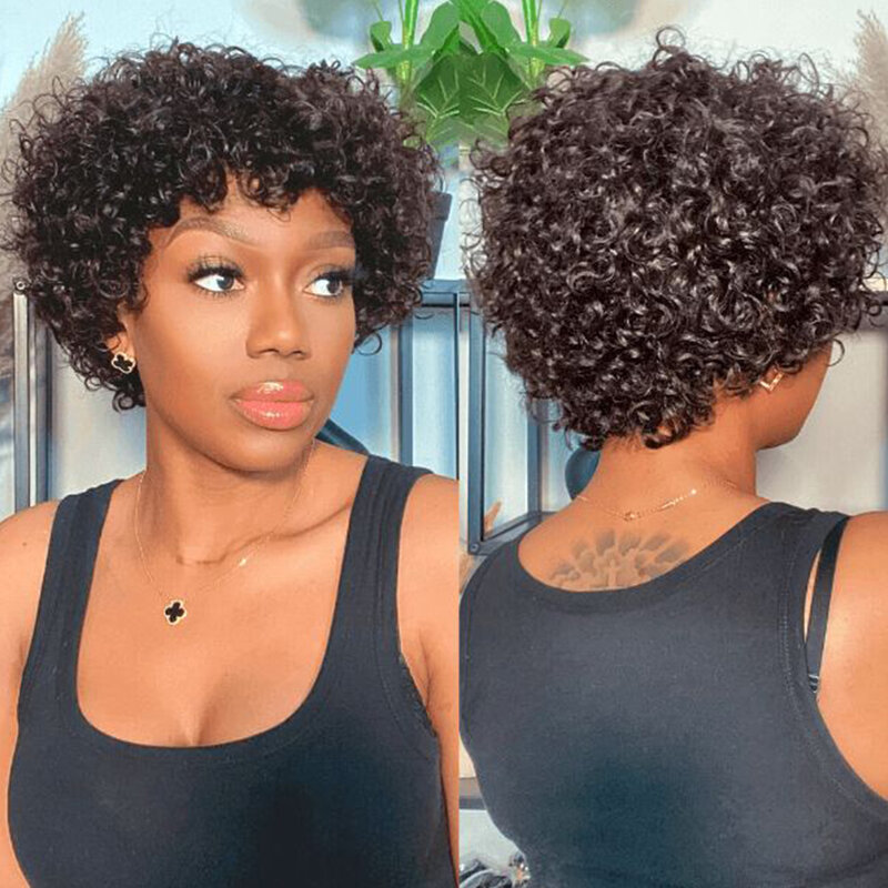 Pelucas de cabello humano brasileño Remy para mujer, pelo corto Afro rizado con flequillo, Color Natural, elegante