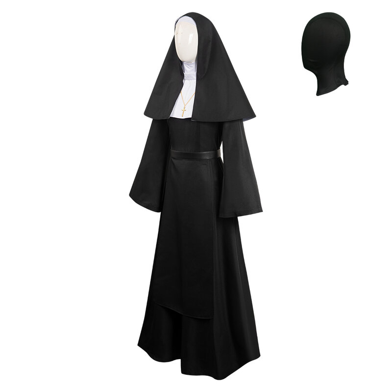 Nun Cosplay Costume Movie Fantasy Adult Women Hooded Robe Long Dress Necktie Outfits Halloween Carnival Disguise Party Suit