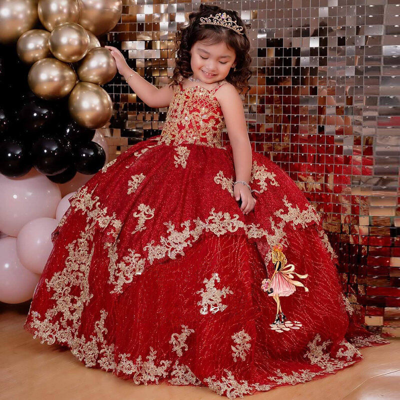 Luksusowa czerwony cekin suknia balowa maluch małe dziewczynki sukienka na studniówkę dla dziecka kwiat dziewczynka sukienki na przyjęcie strój urodzinowy