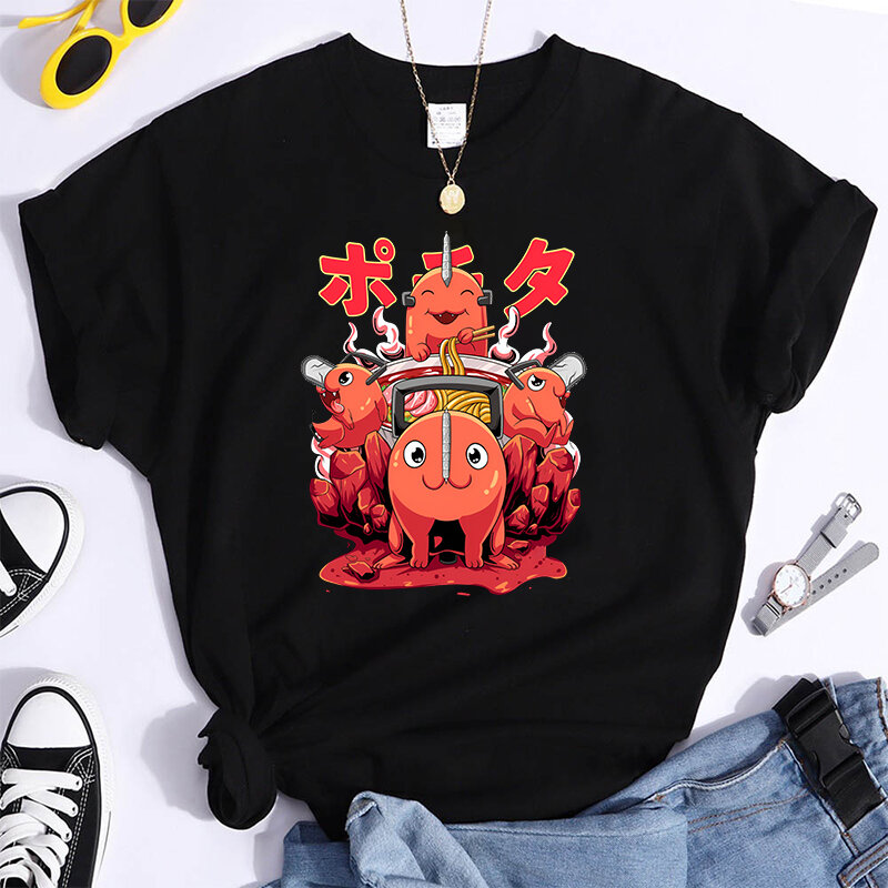 애니메이션 포치타 프린트 티셔츠, 유니섹스 캐주얼 루즈 라운드 넥, 창의적인 맞춤형 티셔츠, 신상 인기