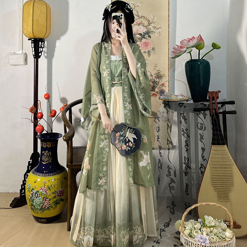 3 Stuks Set Chinese Mode Hanfu Jurk Thee Groene Vloeiende Jurk Chinese Oude Vrouwen Borduurjurk Kostuum Voor Schieten Graduat