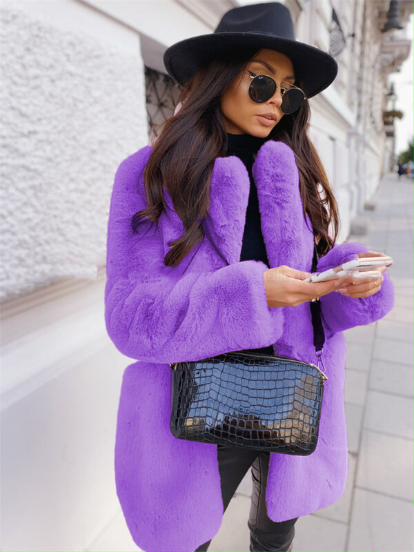 S-XXL Warm Faux Fur Coat Women Purple Long Sleeve Lapel Winter Coat 2023 New Fashion Temperament Office LadyWhite Fur Jackets