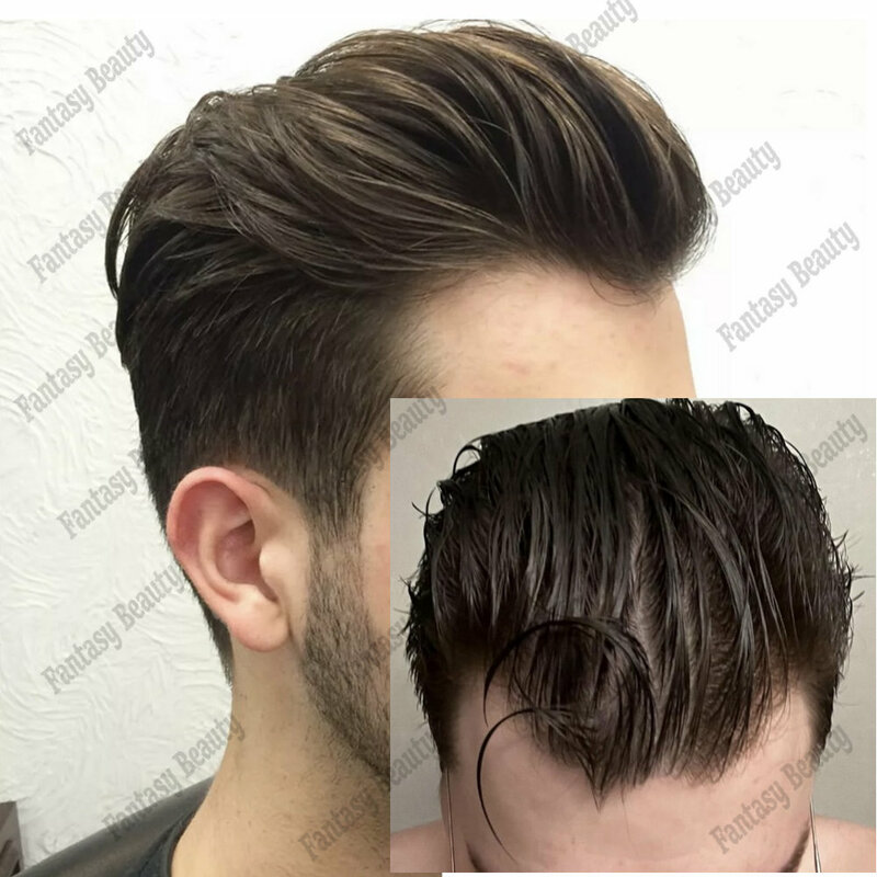 Natural Hairline Silicon Toupee para homens, 100% cabelo humano, peruca cinza, pele super fina, sistema de prótese, 0,02mm