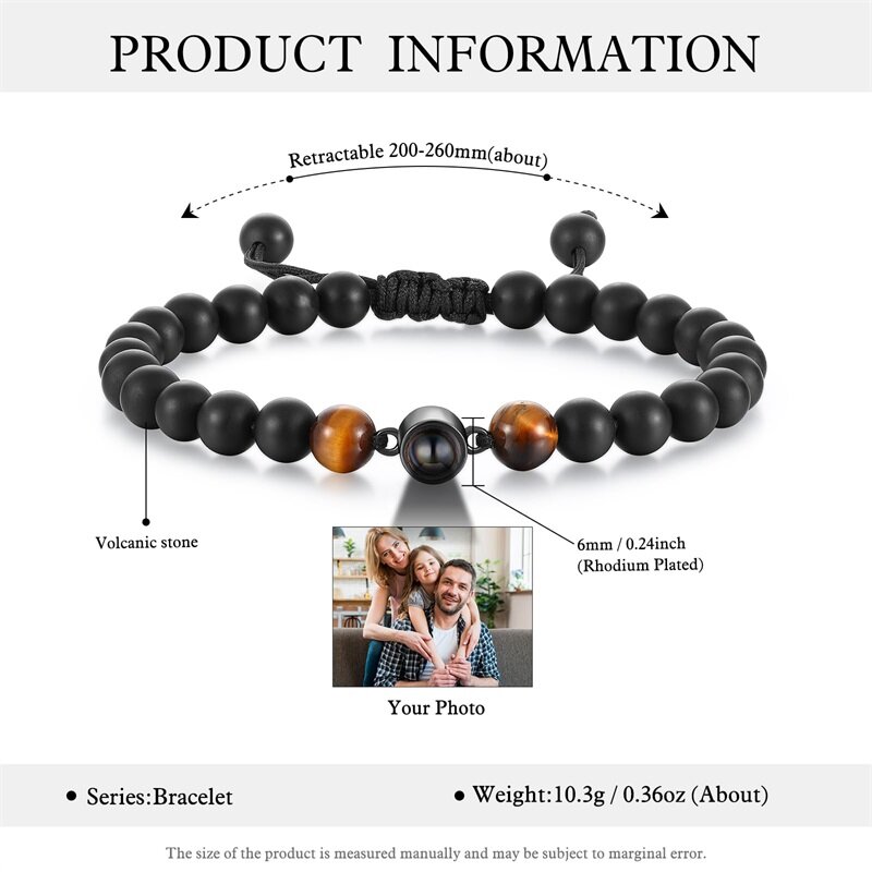 Black Matte Tiger Eye Beads Bracelets Personalized Photo Projection Bracelet Custom Bracelets with Picture Personalized Gifts