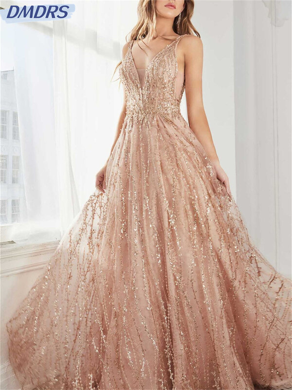 Gaun malam kerah V dalam seksi klasik 2024 gaun tanpa lengan panjang selantai sederhana gaun A-line Vestidos De Novia
