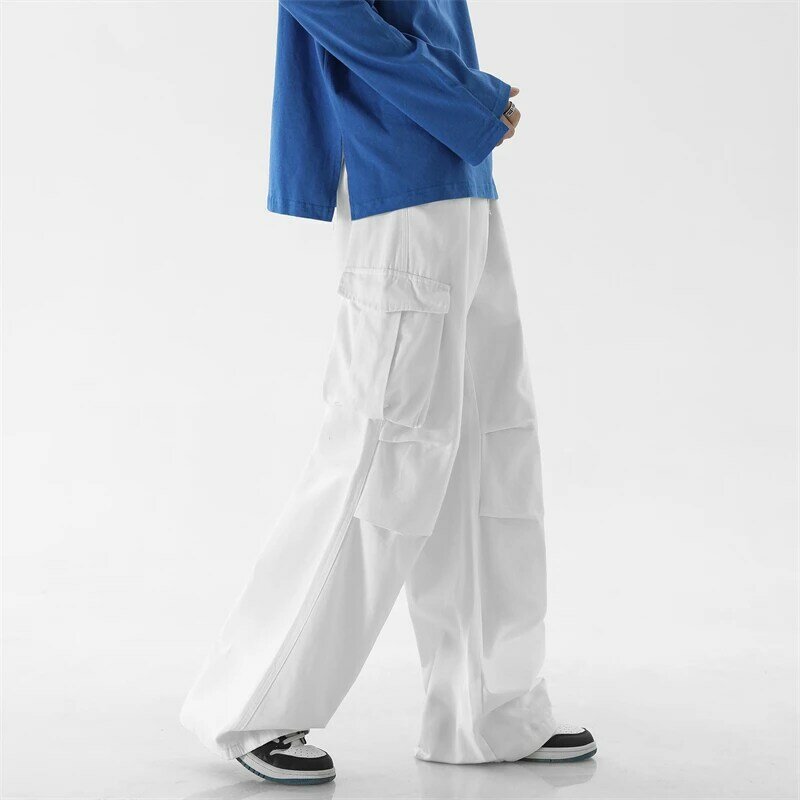 New Spring Men Amekaji Oversize Casual Wide Legs Cargo Pants Baggy American Causal Fashion Trousers Pure Cotton Pockets H110