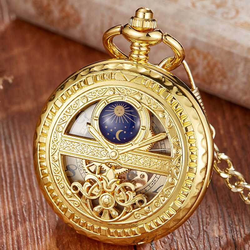 Hand-WInd Mechanical Pocket Watch Vintage Hollow Blue Moon Star Steampunk Skeleton Watch Roman Numerals Clock With Fob Chain