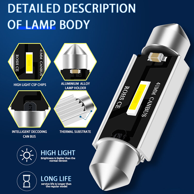 Lampu LED CSP, cahaya kubah mobil tanpa Error 31mm 36mm 39mm 41mm C5W C10W Super terang 2 buah