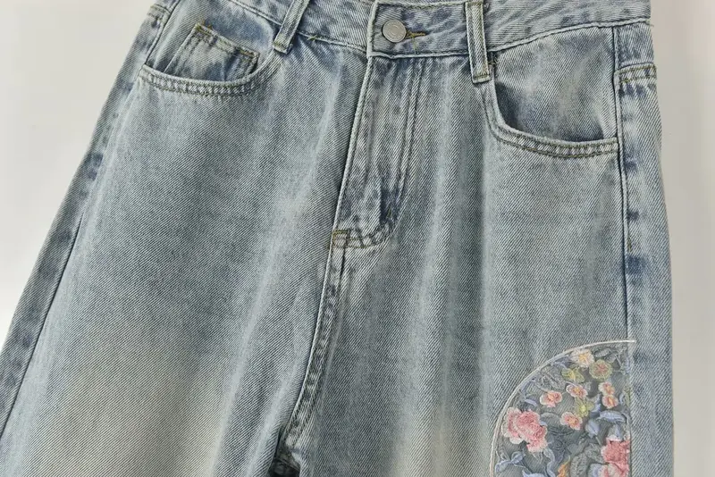 Pantalones vaqueros con bordado de flores para mujer, Vaqueros informales, Retro, de cintura alta, con bolsillo lateral, 22, 2024