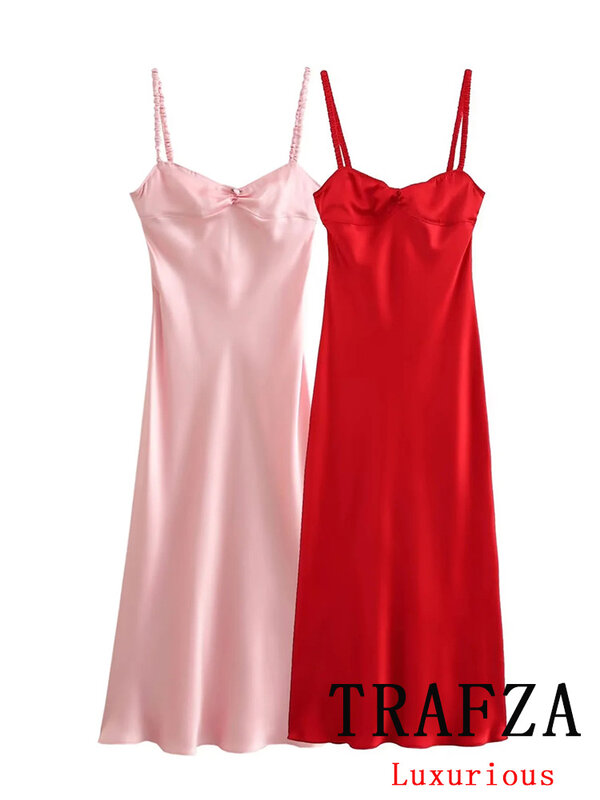 TRAFZA Vintage Chic Women Dress Solid Spaghetti Strap Sleeveless Zipper Slim Dress New Fashion 2024 Summer Holiday Sheath Dress