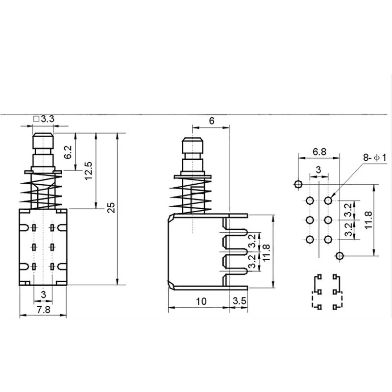 Interruptor de botón de enclavamiento PCB de ángulo recto, PS-22F03, con tapa DPDT, doble Polo, autobloqueo, potencia de llave, 6 pines, A03, 1 unidad