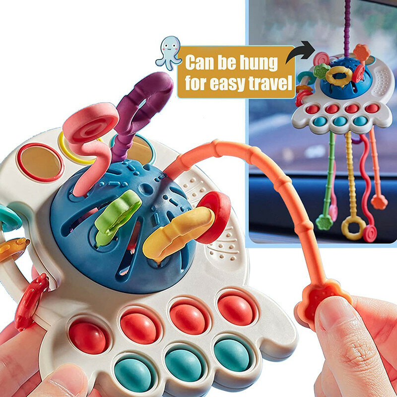 Mainan Bayi Montessori Tali Tarik Mainan Sensorik Bayi 6 12 Bulan Silikon Mengembangkan Mainan Aktivitas Tumbuh Gigi untuk Anak-anak Mainan Pendidikan