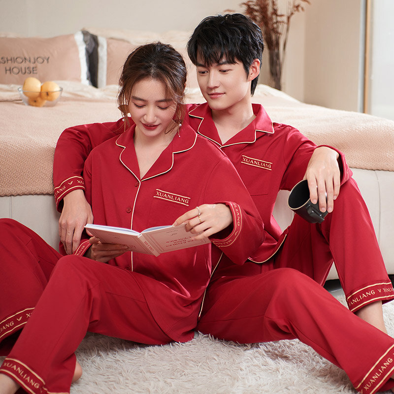 Осенняя Пижама для пары, полный хлопковый Женский Мужской домашний костюм с длинным рукавом, ночные рубашки для влюбленных, свадебный красный пижамный комплект