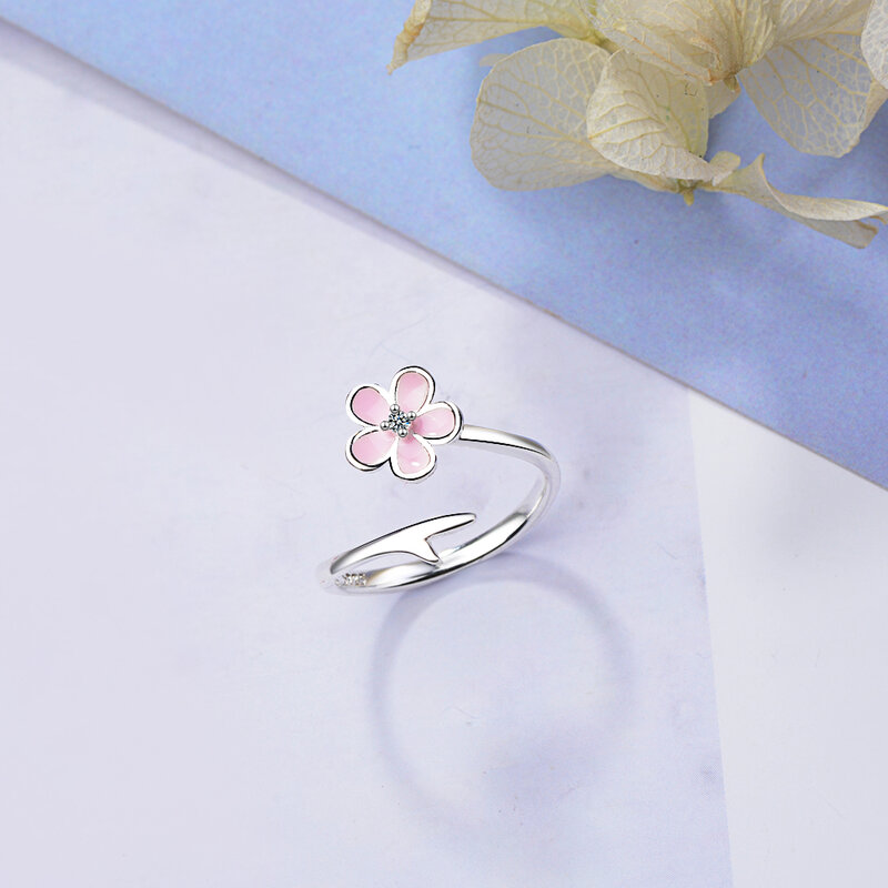 925 Sterling Silver Pink Cherry Blossom Opening Ring Enamel Flower Adjustable Ring Women Pave Setting CZ Fine Jewelry BSR438