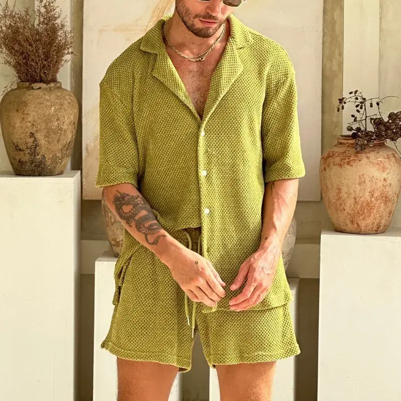 Conjunto respirável de malha de 2 peças masculino, roupas casuais, manga curta, camisa e shorts de malha, estilo praia, cor pura, verão