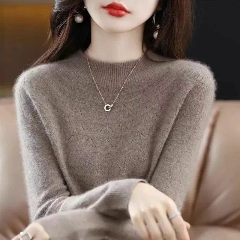 2024 New Half-high Neck Cutout Loose Sweaters Women's Trendy Korean Version Pullovers Fashion Autumn Winter Girls Base Shirt Top