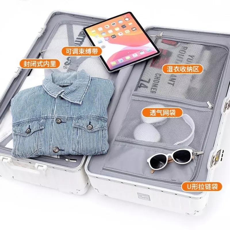 Elegante borsone da viaggio da 24 pollici con telaio in alluminio aggiornato di grandi dimensioni, valigia da viaggio USB universale per Roulette