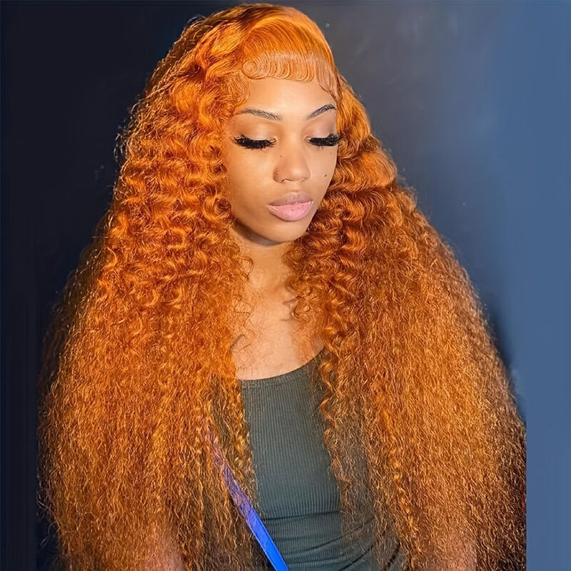 Peluca de cabello humano rizado con malla Frontal para mujer, postizo de 30 pulgadas, 13x4, naranja, jengibre, HD, 13x6