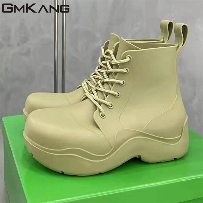 New Thick Sole Rain Boots Woman Height Increasing Short Boots Flat Platform Shoes Lace Up Rubber Waterproof Rain Shoes Women