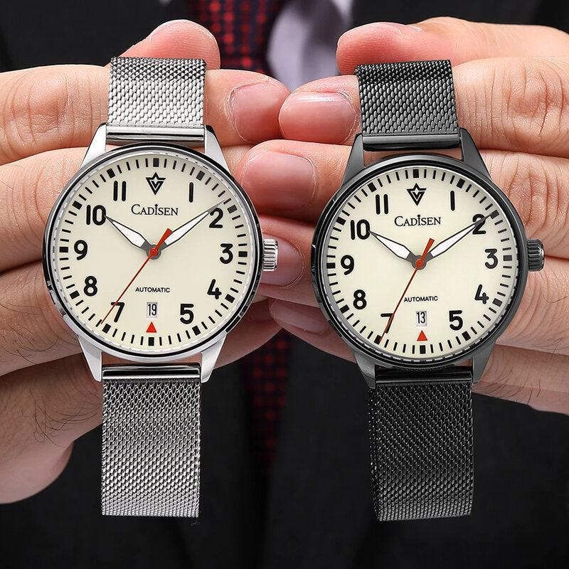 Cadisen-自動腕時計,発光,ステンレス鋼,サファイア,防水,メッシュベルト付き,メカニカル,nh35a