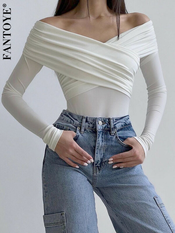 Fantoye Sexy Off spalla increspato donna body bianco manica lunga vita alta tutina femminile aderente Casual elegante Streetwear