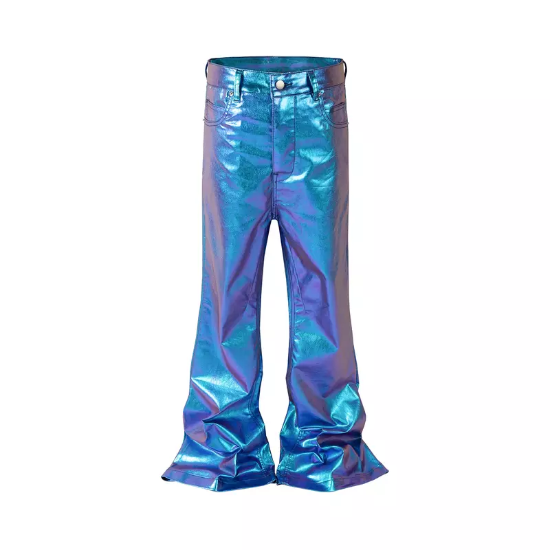Jeans lucidi Laser verdi rivestiti Streetwear per uomo e donna pantaloni larghi in Denim svasato tinta unita dritti carichi oversize