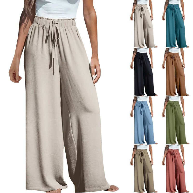 กางเกงขากว้างแบบลำลองของผู้หญิงกางเกงขายาวหรูหราสีพื้นกางเกงขายาว2024ฤดูร้อน