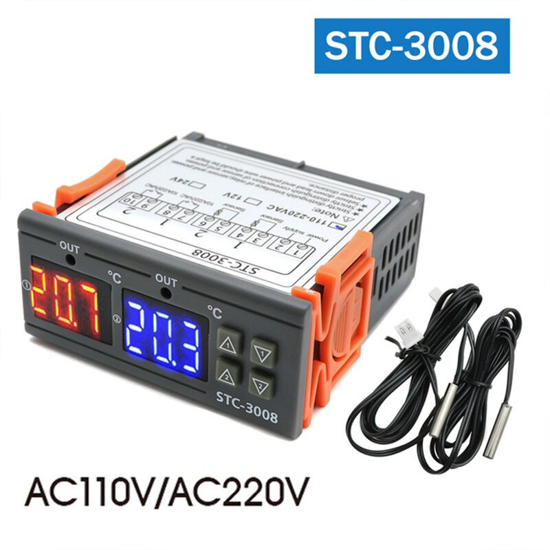Цифровой регулятор температуры STC-3008, двойной релейный выход 12 В, 24 В, 110-220 В, терморегулятор, термостат с обогревателем, охладителем