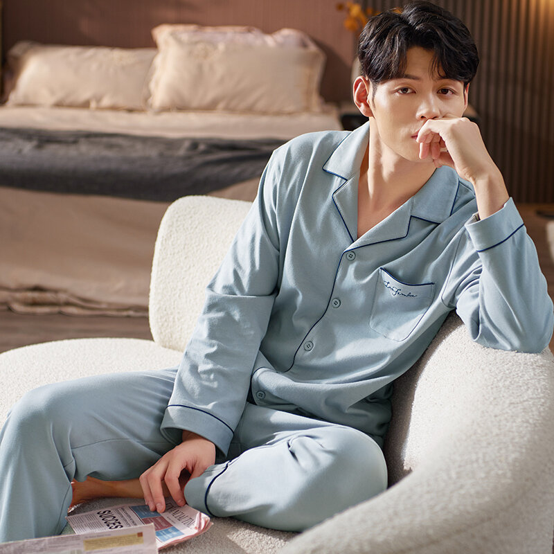 Estilo simples roupas masculinas homem pijamas conjunto de algodão puro completo manga comprida pijamas turn colar cardigan masculino carta homewear