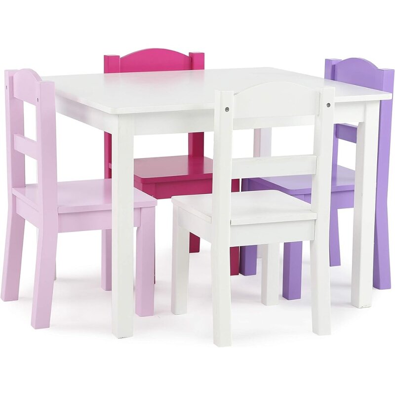 Conjunto de mesa e cadeira de madeira infantil ideal para artesanato, hora do lanche, escola em casa, branco, roxo, rosa, 4 cadeiras incluídas