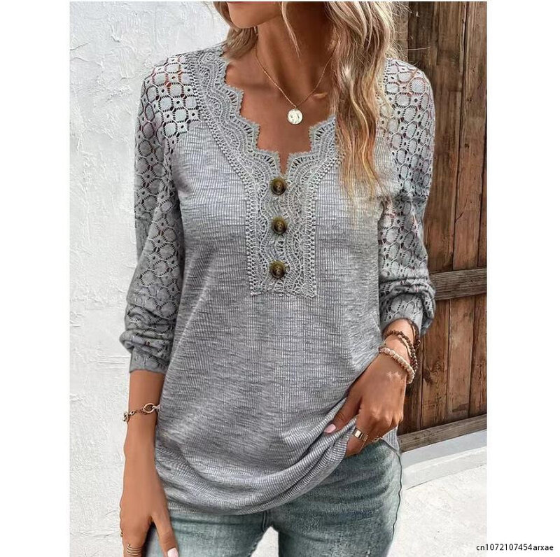 Women Spring Floral Lace Blouse Femme Fashion Shirts Casual Loose Hollow Out Blusas O-Neck Long Sleeve Mesh Sheer Shirts
