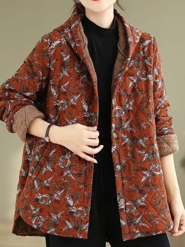 Veste à capuche florale de style ethnique pour femme, manteau à boutonnage simple, manches longues, coton, vintage, décontracté, garder au chaud, taille large