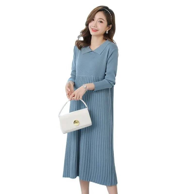 2059# Autumn Winter Thick Warm Knitted Maternity Long Dress Sweet Clothes for Pregnant Women Winter Pleated Pregnancy Sweaters