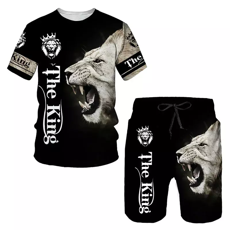 3D fierce lion print oversized T-shirt and shorts set casual men's suit clothing summer two-piece sportswear men's set