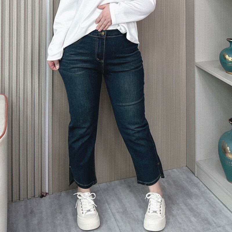 Pear-shaped Straight Leg Jeans Women 2024 Spring And Summer New Plus Size High Waist Slit Casual Ankle-Length Pants